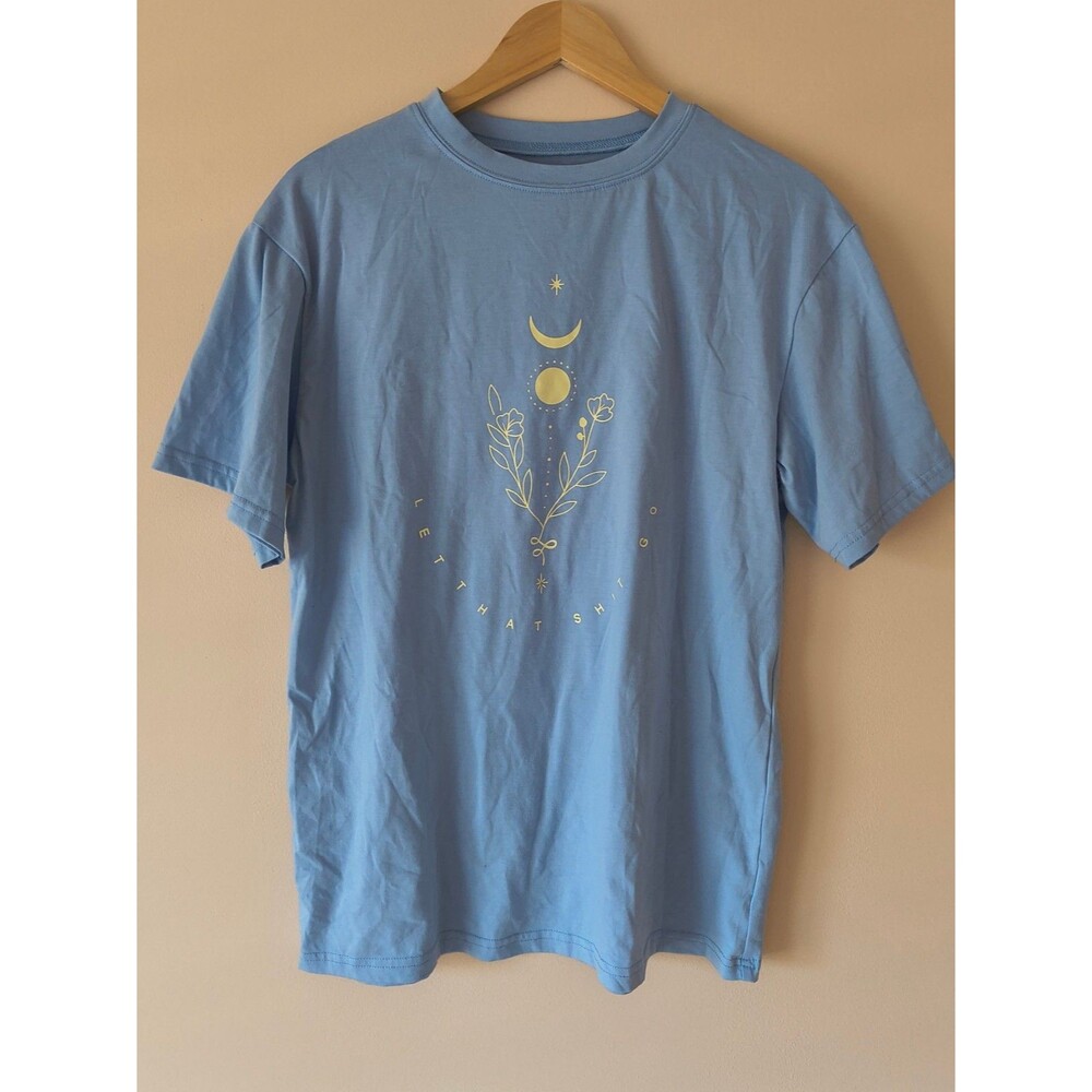 Women's S Blue Celestial Moon & Floral Graphic T-Shirt Oversized Loose Fit